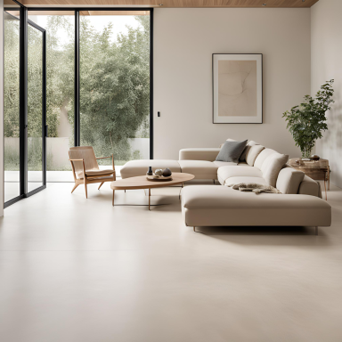 Light-toned microcement floor in a modern open-plan living space in Norfolk